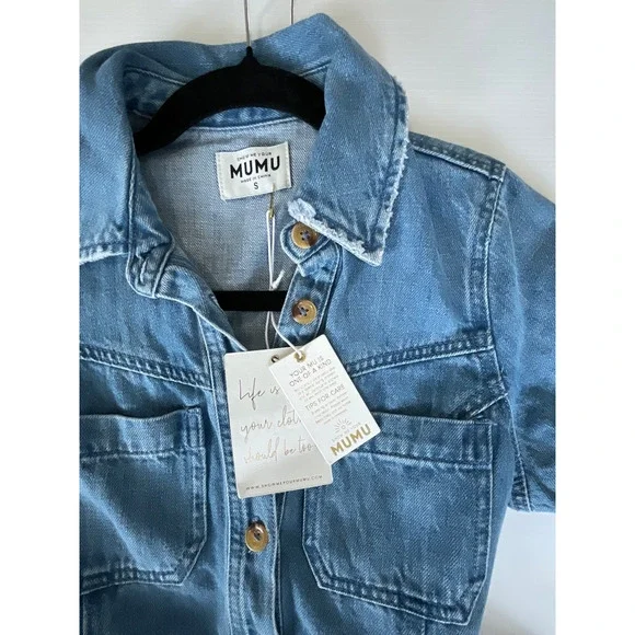 Show Me Your Mumu Denim Jean Dress Longsleeve Dress Belted Raw Hem SMALL NWT - Picture 3 of 7